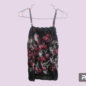 White House Black Market WHBM floral flower silk tank lace top in black, red XXS